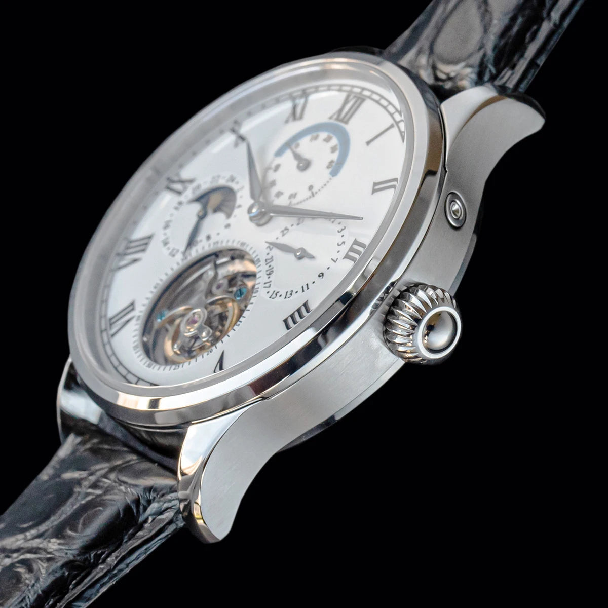 Men Luxury Tourbillon Watch Original ST8007 Movement Mechanical Wristwatches Crocodile Leather Vintage Datephase