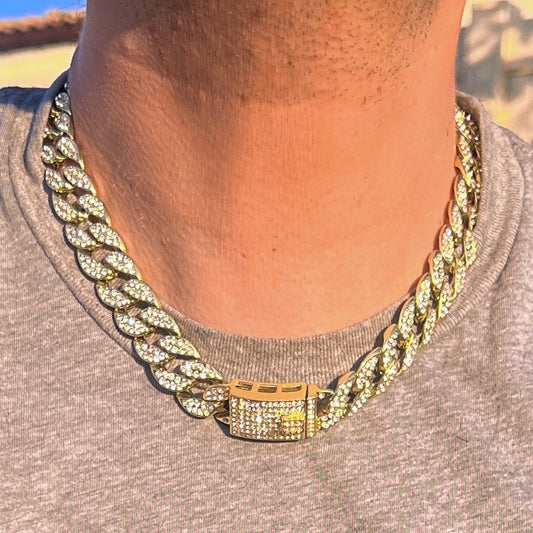 Mens Hip Hop Chain Cuban Gold Plated Magnetic Lock Iced Flooded Out Necklace 20"