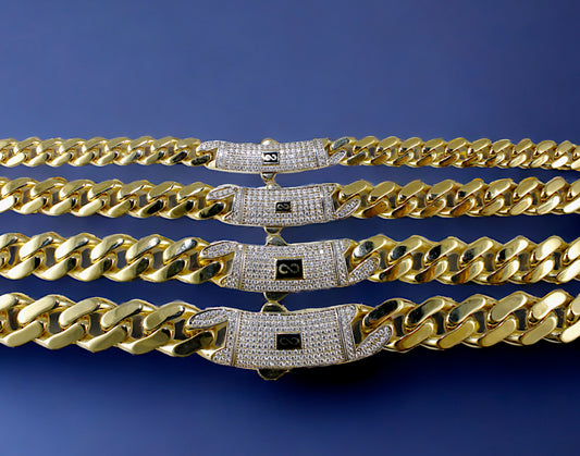 10K Yellow Gold Monaco Miami Cuban Link Chain Necklace CZ Pave 6Mm-13Mm 18"-30"